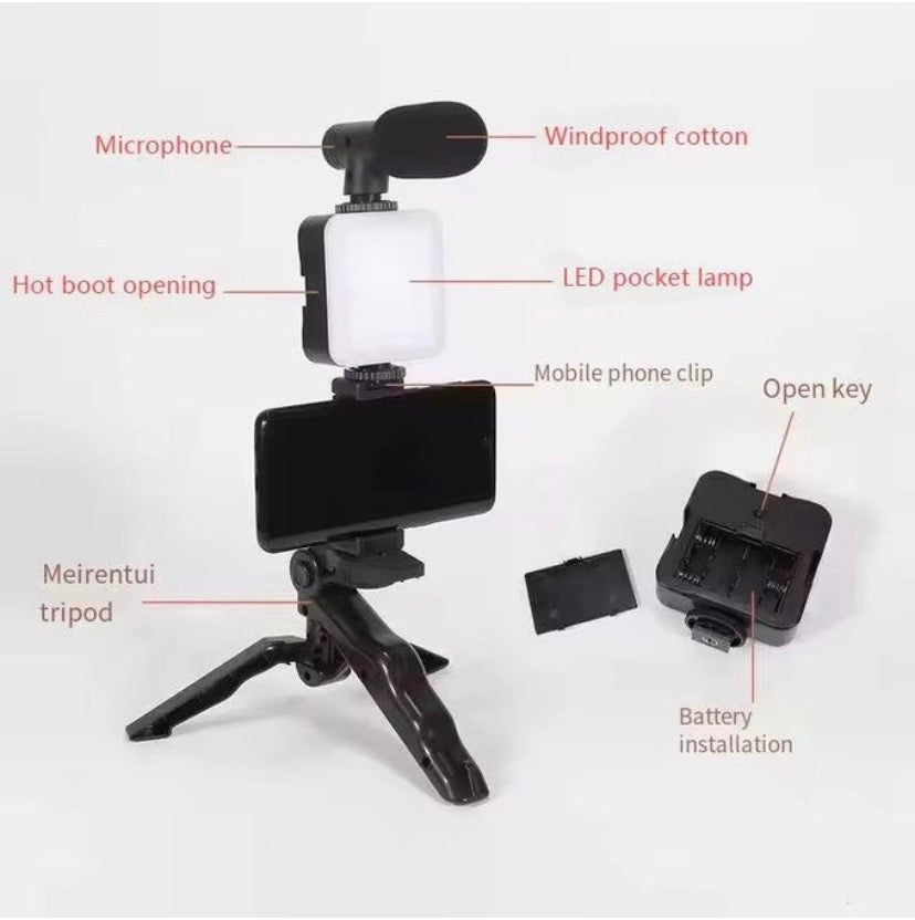 Kit Vlogging Professionnel pour Smartphone - Trépied +
Microphone + Lampe LED